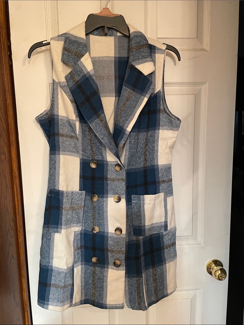 Source Unknown Blue and White Plaid Sleeveless Double-Breasted Vest